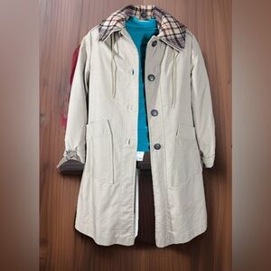 London Fog Beige Trench Coat with Plaid Collar